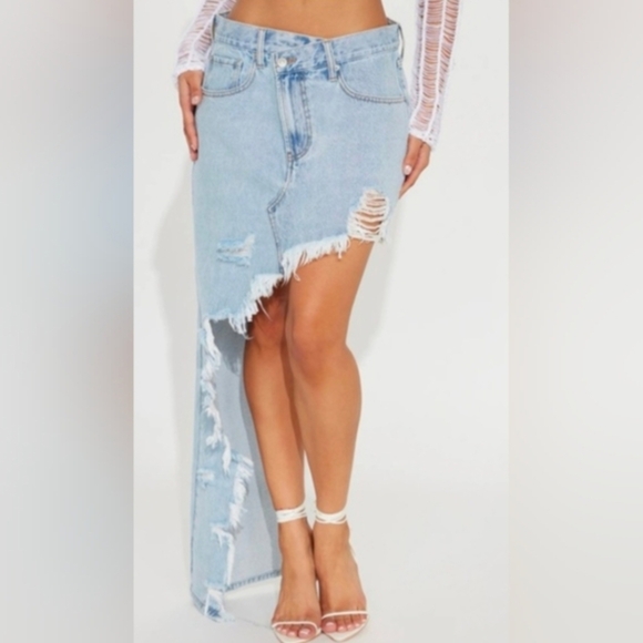 Fashion Nova Light Blue Denim Distressed Maxi Skirt - Picture 2 of 9
